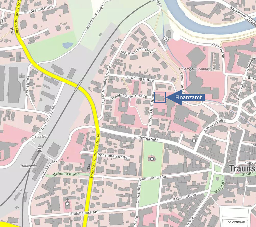  Stadtplan mit Markierung des Finanzamts Traunstein, Herzog-Otto-Straße 6